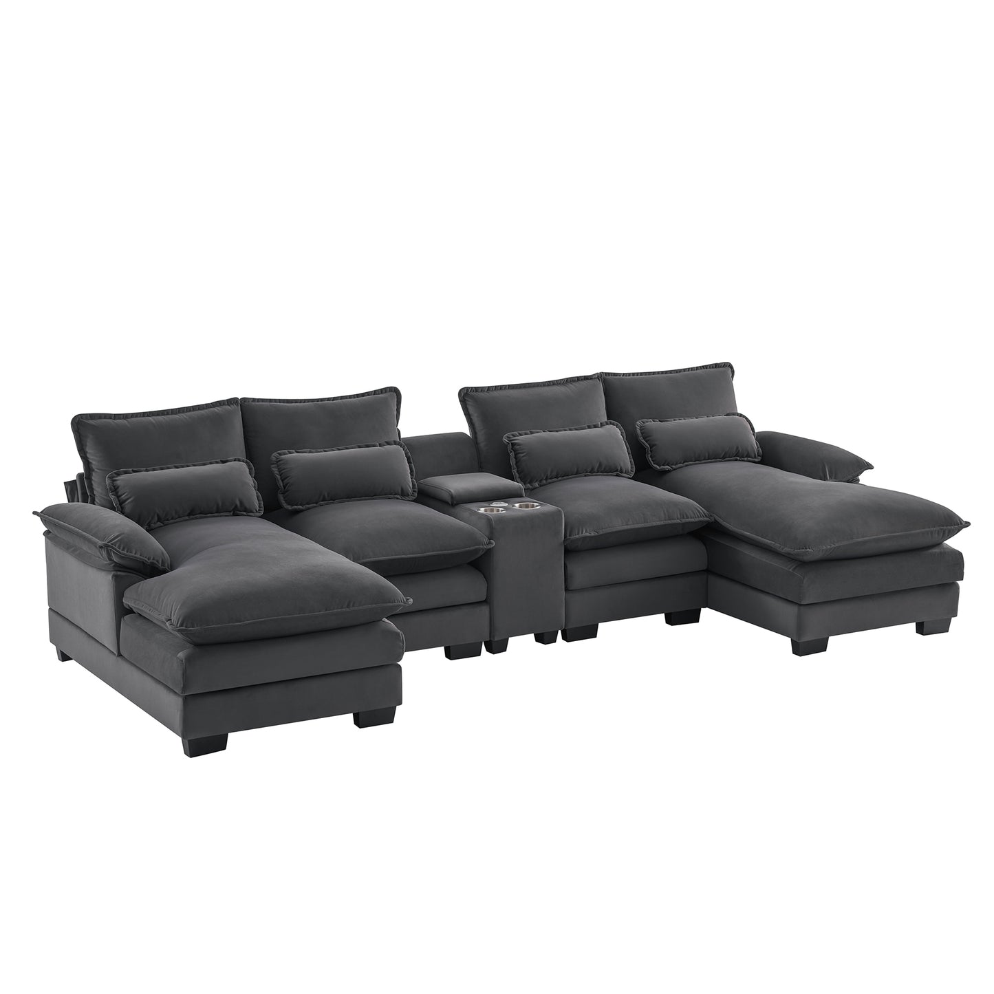 Melysen 123*55" Modern U-shaped Sofa with Console ,Cupholders and USB Ports ,6-seat Upholstered Symmetrical Indoor Furniture ,Gray