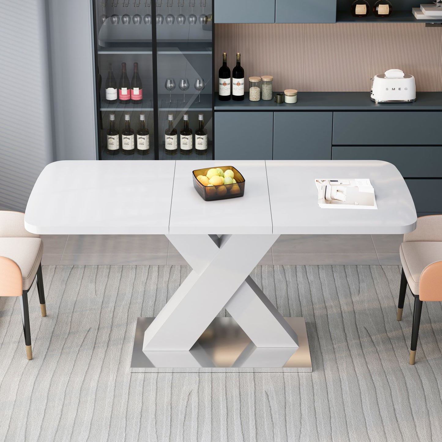 Melysen Modern Square Dining Table, Stretchable, White Table Top and MDF X Shape Table Leg with Metal Base