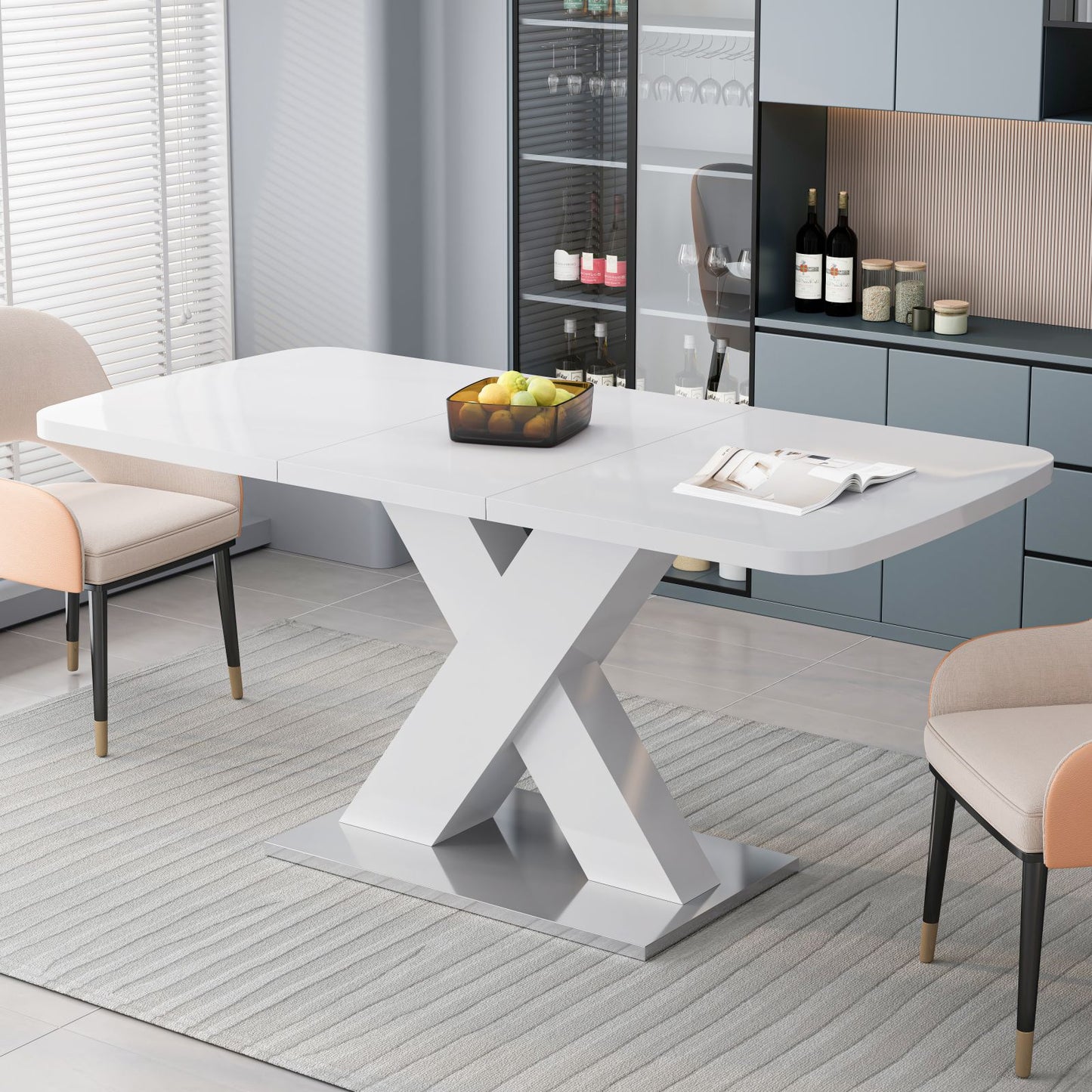 Melysen Modern Square Dining Table, Stretchable, White Table Top and MDF X Shape Table Leg with Metal Base