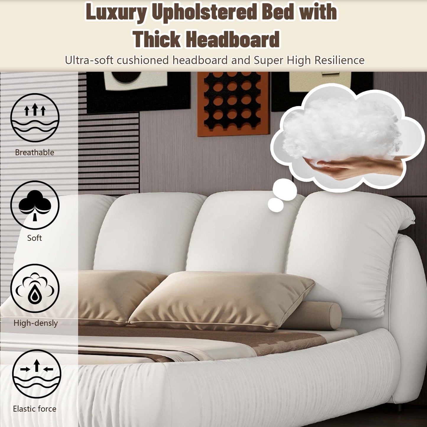 Melysen Queen Size Luxury Upholstered Bed with Thick Headboard, Leather Queen Bed with Oversized Padded Backrest, White