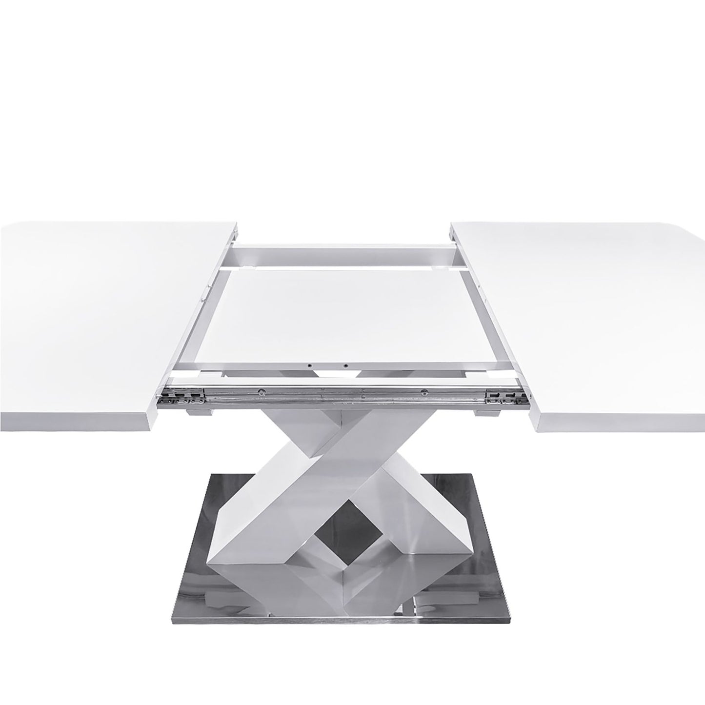 Melysen Modern Square Dining Table, Stretchable, White Table Top and MDF X Shape Table Leg with Metal Base