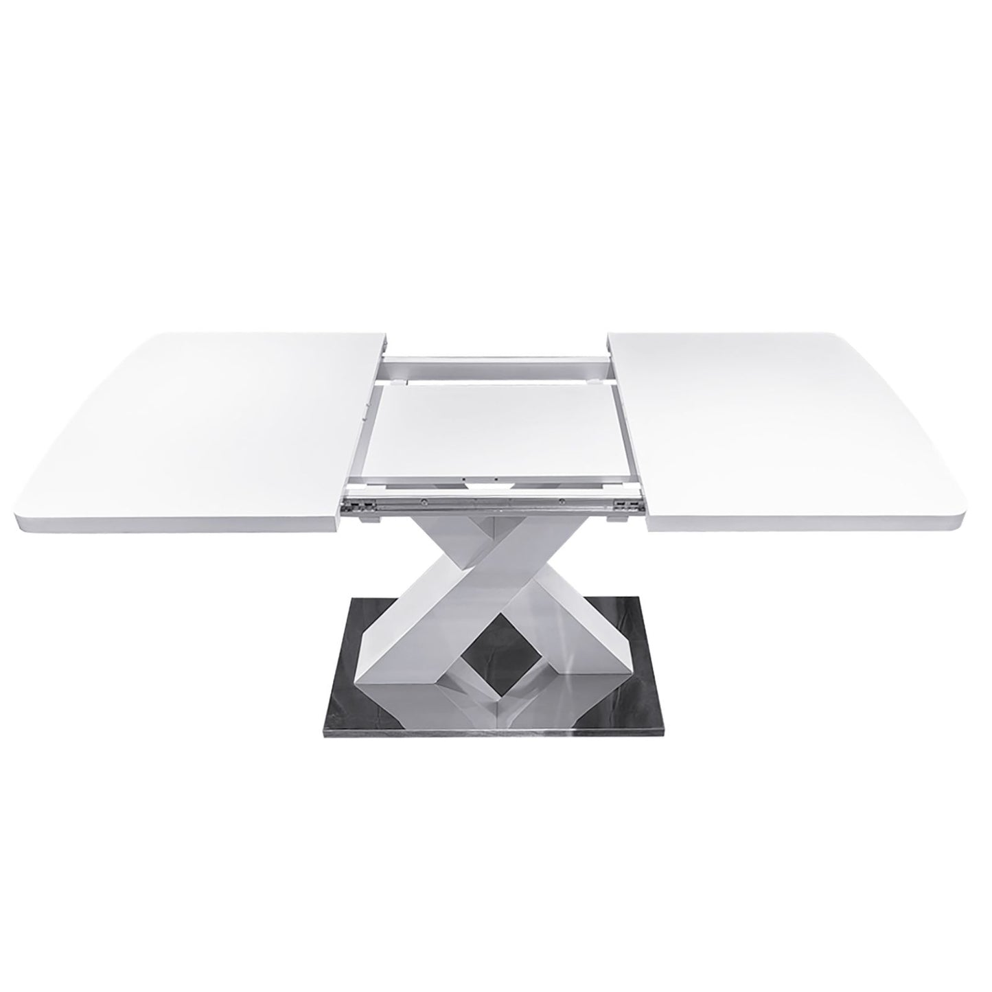 Melysen Modern Square Dining Table, Stretchable, White Table Top and MDF X Shape Table Leg with Metal Base