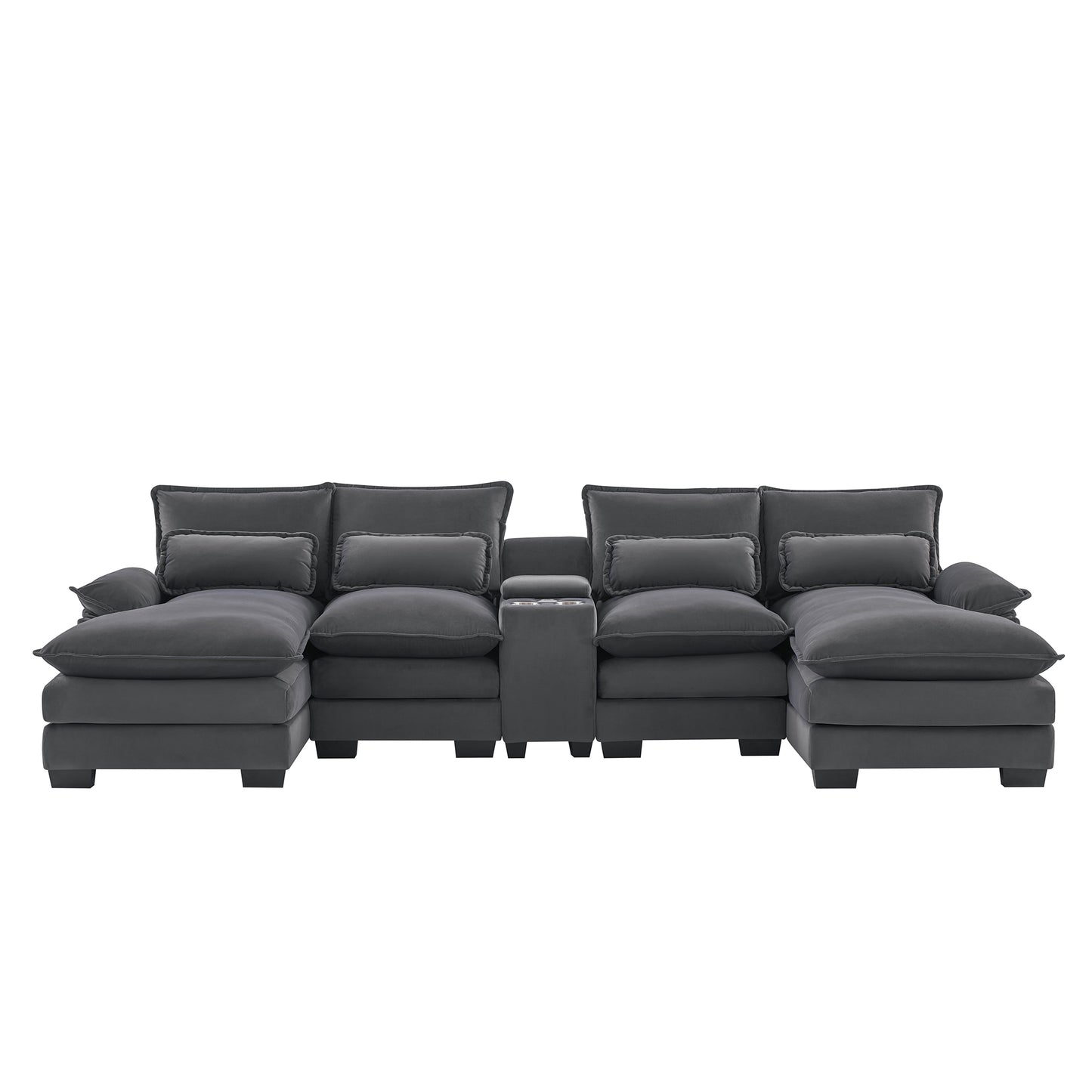 Melysen 123*55" Modern U-shaped Sofa with Console ,Cupholders and USB Ports ,6-seat Upholstered Symmetrical Indoor Furniture ,Gray