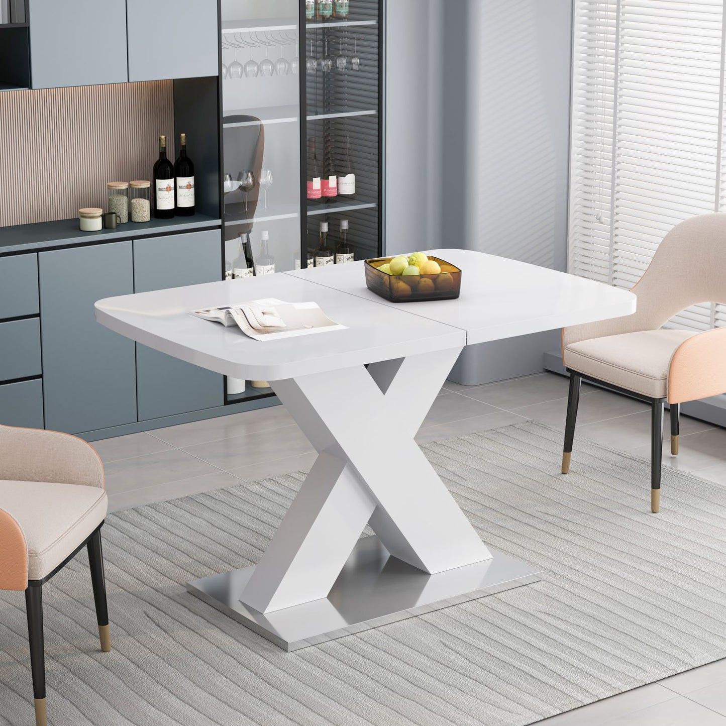 Melysen Modern Square Dining Table, Stretchable, White Table Top and MDF X Shape Table Leg with Metal Base