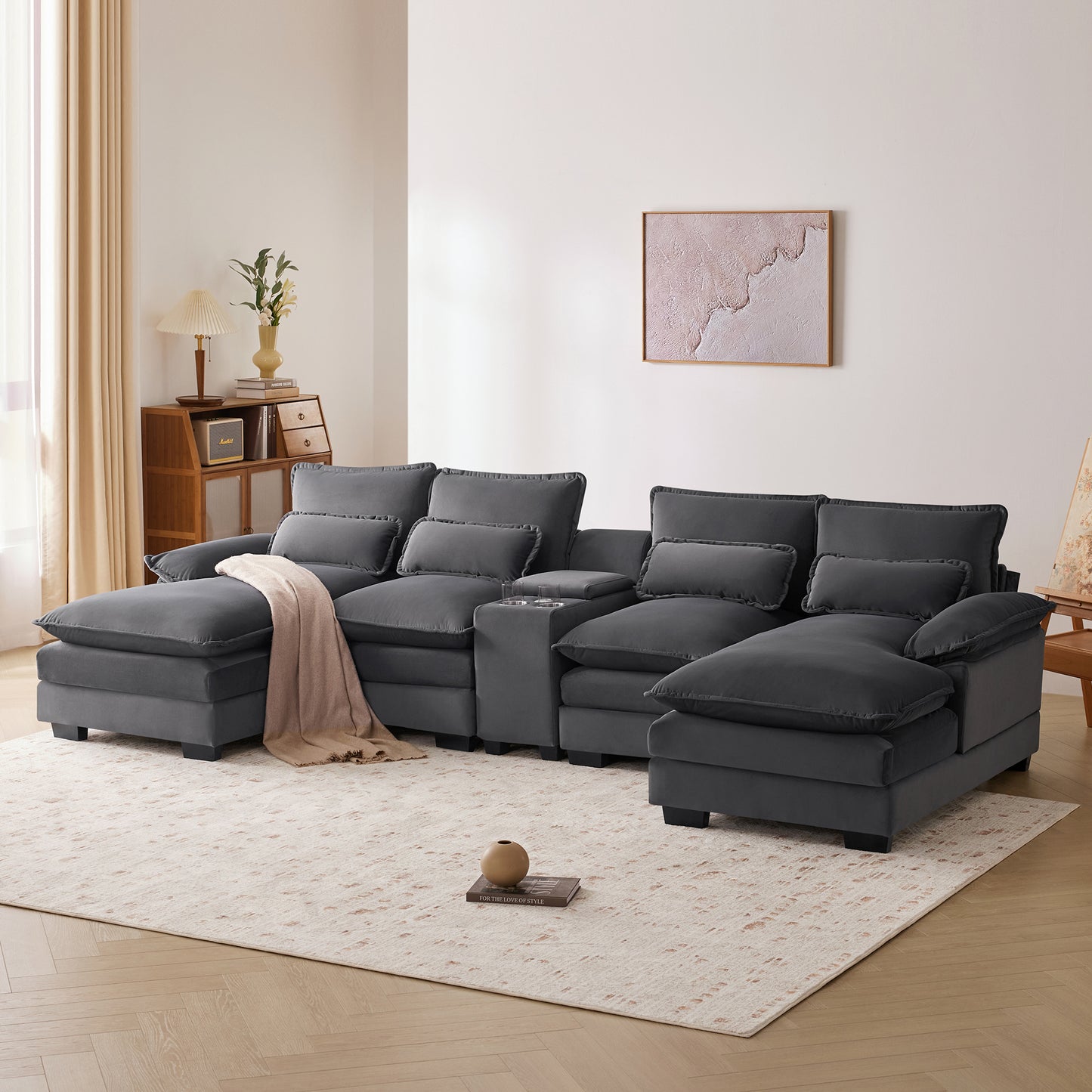 Melysen 123*55" Modern U-shaped Sofa with Console ,Cupholders and USB Ports ,6-seat Upholstered Symmetrical Indoor Furniture ,Gray