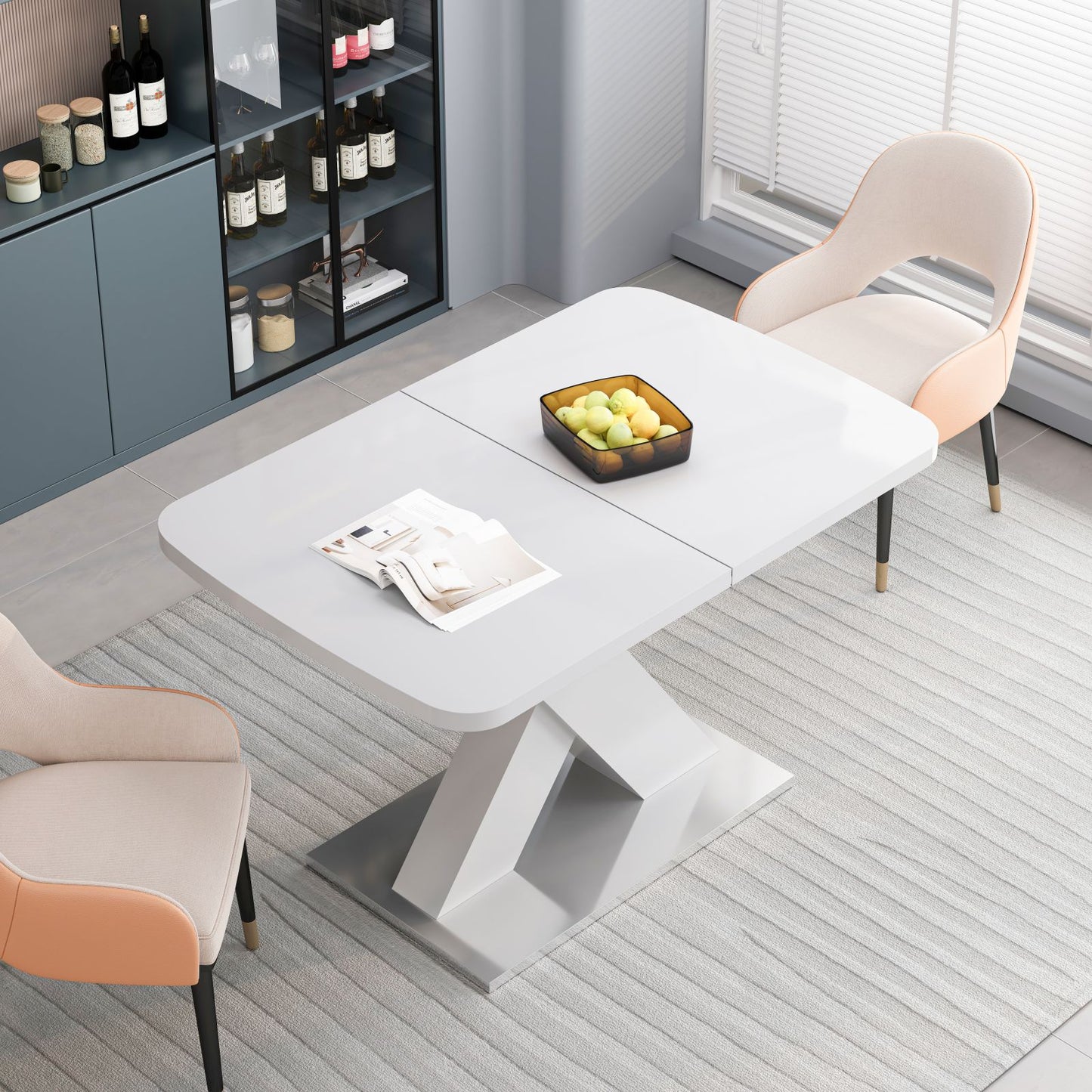 Melysen Modern Square Dining Table, Stretchable, White Table Top and MDF X Shape Table Leg with Metal Base