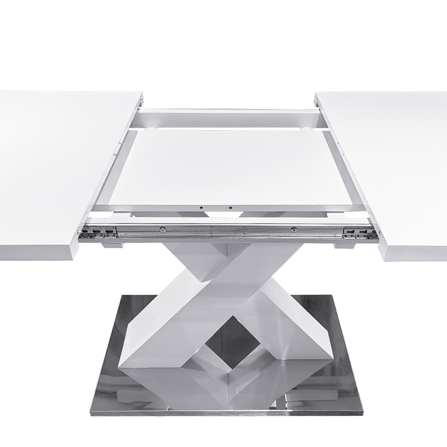 Melysen Modern Square Dining Table, Stretchable, White Table Top and MDF X Shape Table Leg with Metal Base