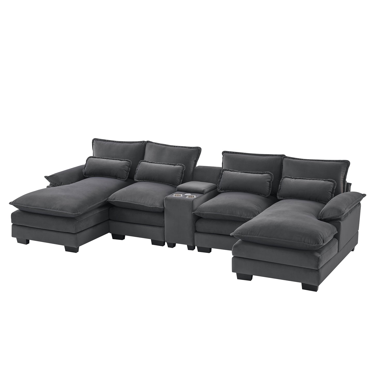 Melysen 123*55" Modern U-shaped Sofa with Console ,Cupholders and USB Ports ,6-seat Upholstered Symmetrical Indoor Furniture ,Gray