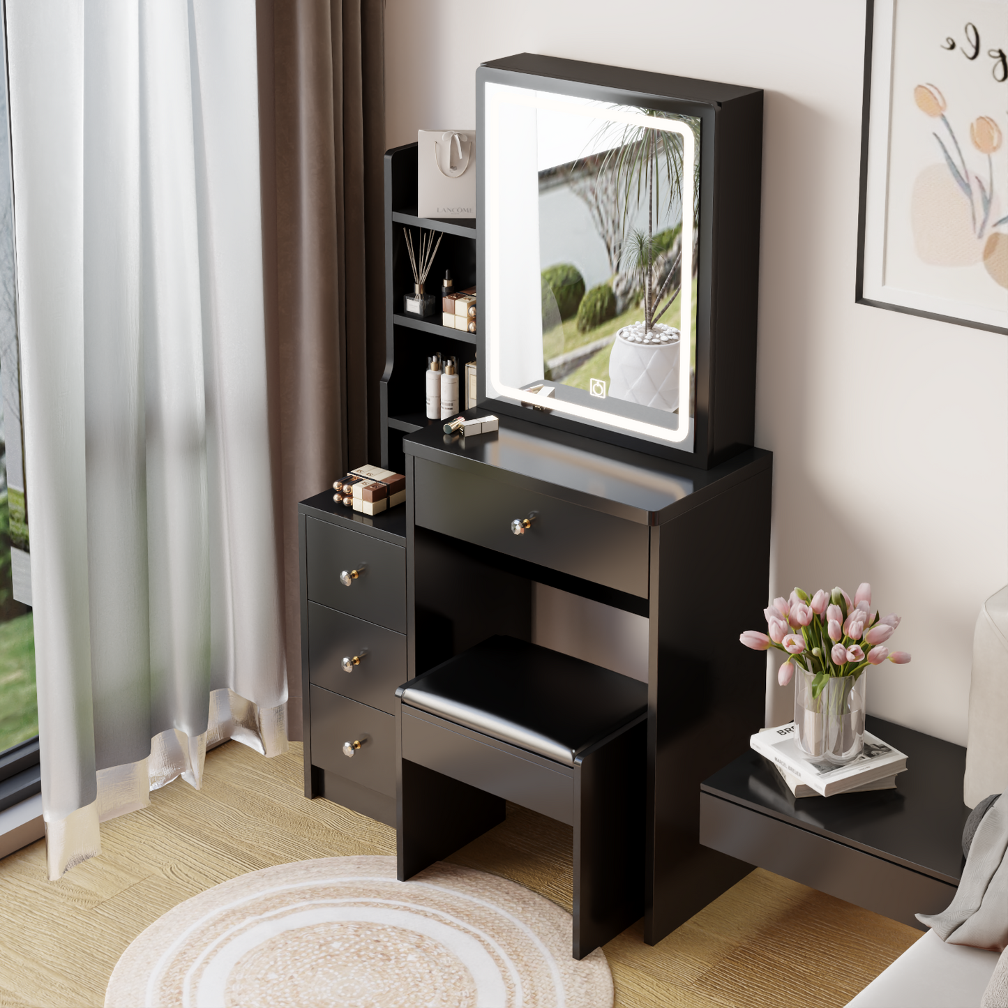 Melysen Left Bedside Cabinet Vanity Table + Cushioned Stool, Extra Large Sliding LED Mirror, Touch Control, Tri-color, Brightness Adjustable, Multi-Layer, High Capacity Storage, Practical Fashionable Dresser,Black