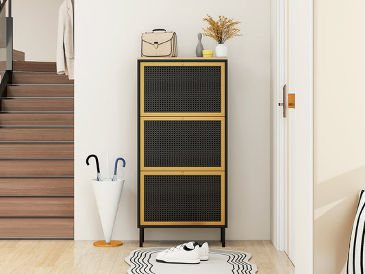 Melysen 3 Metal Door Shoe Rack, Freestanding Modern Shoe Storage Cabinet, Metal rattan,Black