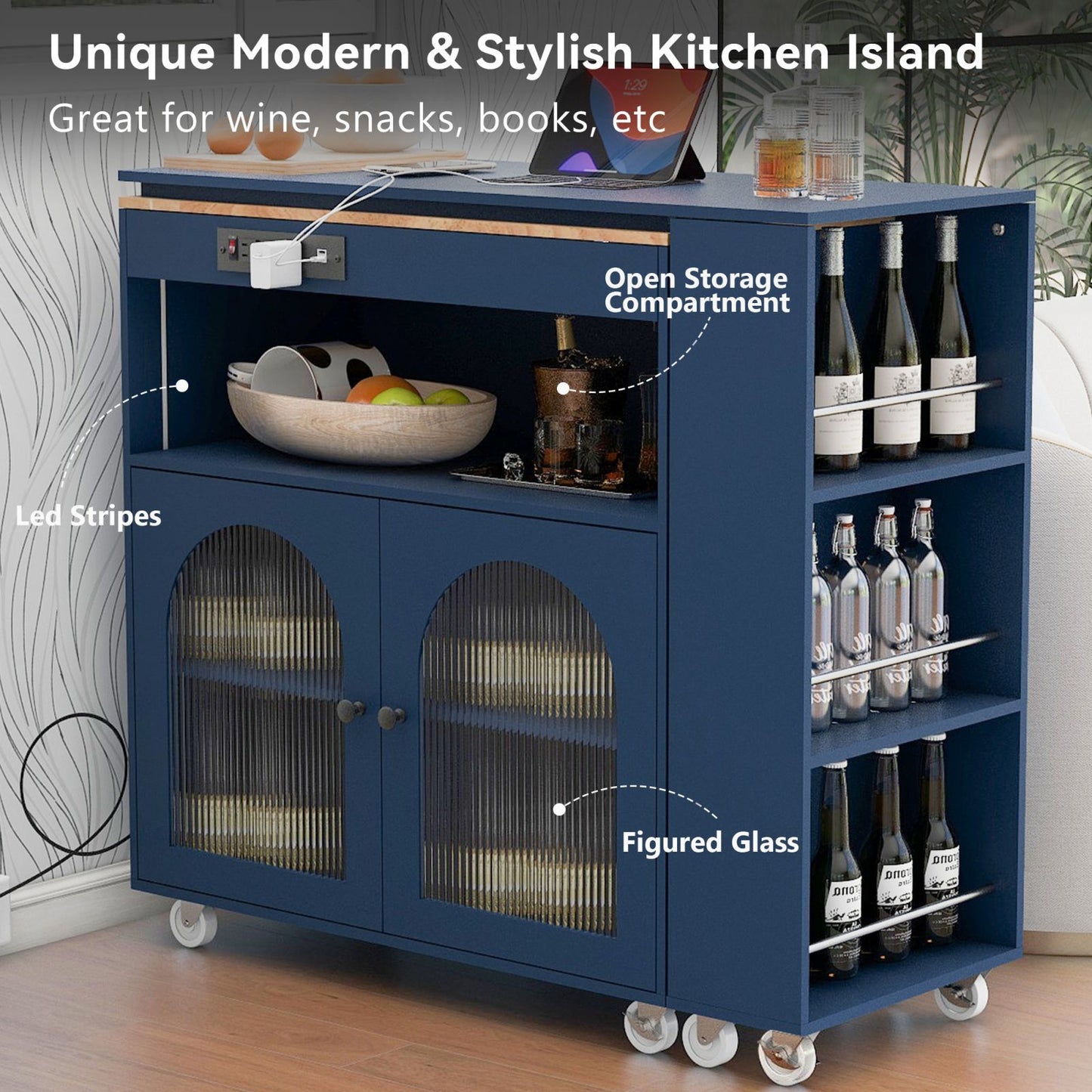 Melysen Rolling Kitchen Island With Extended Table, Kitchen Island on Wheels with LED Lights,Power Outlets and 2 Fluted Glass Doors, Kitchen Island with a Storage Compartment and Side 3 Open Shelves, Navy