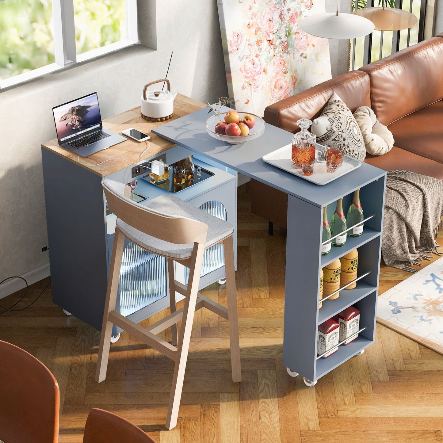 Melysen Rolling Kitchen Island With Extended Table, Kitchen Island on Wheels with LED Lights,Power Outlets and 2 Fluted Glass Doors, Kitchen Island with a Storage Compartment and Side 3 Open Shelves, Grey