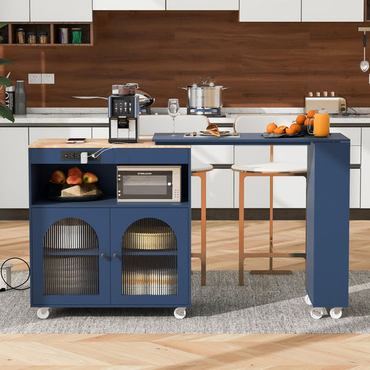 Melysen Rolling Kitchen Island With Extended Table, Kitchen Island on Wheels with LED Lights,Power Outlets and 2 Fluted Glass Doors, Kitchen Island with a Storage Compartment and Side 3 Open Shelves, Navy