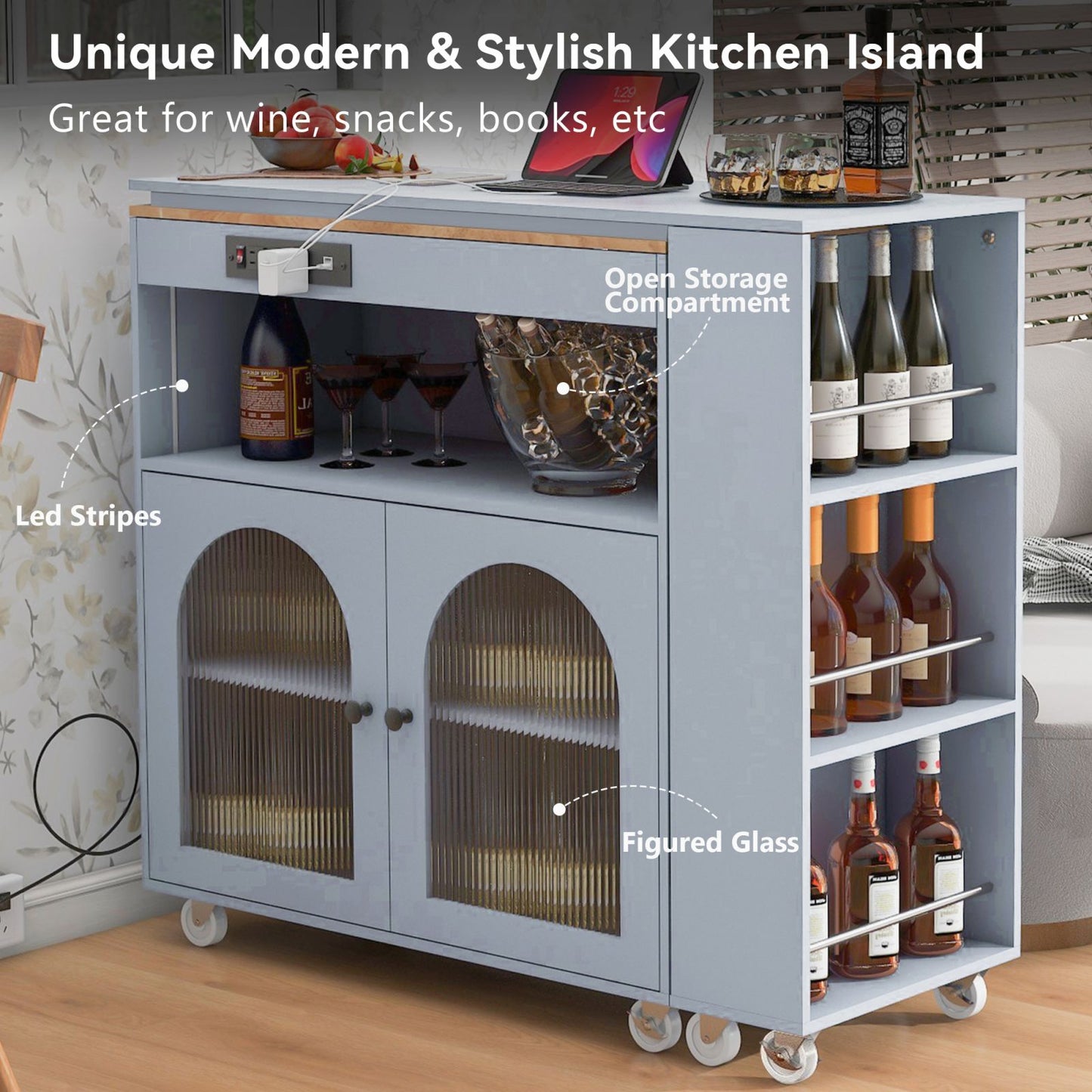 Melysen Rolling Kitchen Island With Extended Table, Kitchen Island on Wheels with LED Lights,Power Outlets and 2 Fluted Glass Doors, Kitchen Island with a Storage Compartment and Side 3 Open Shelves, Grey