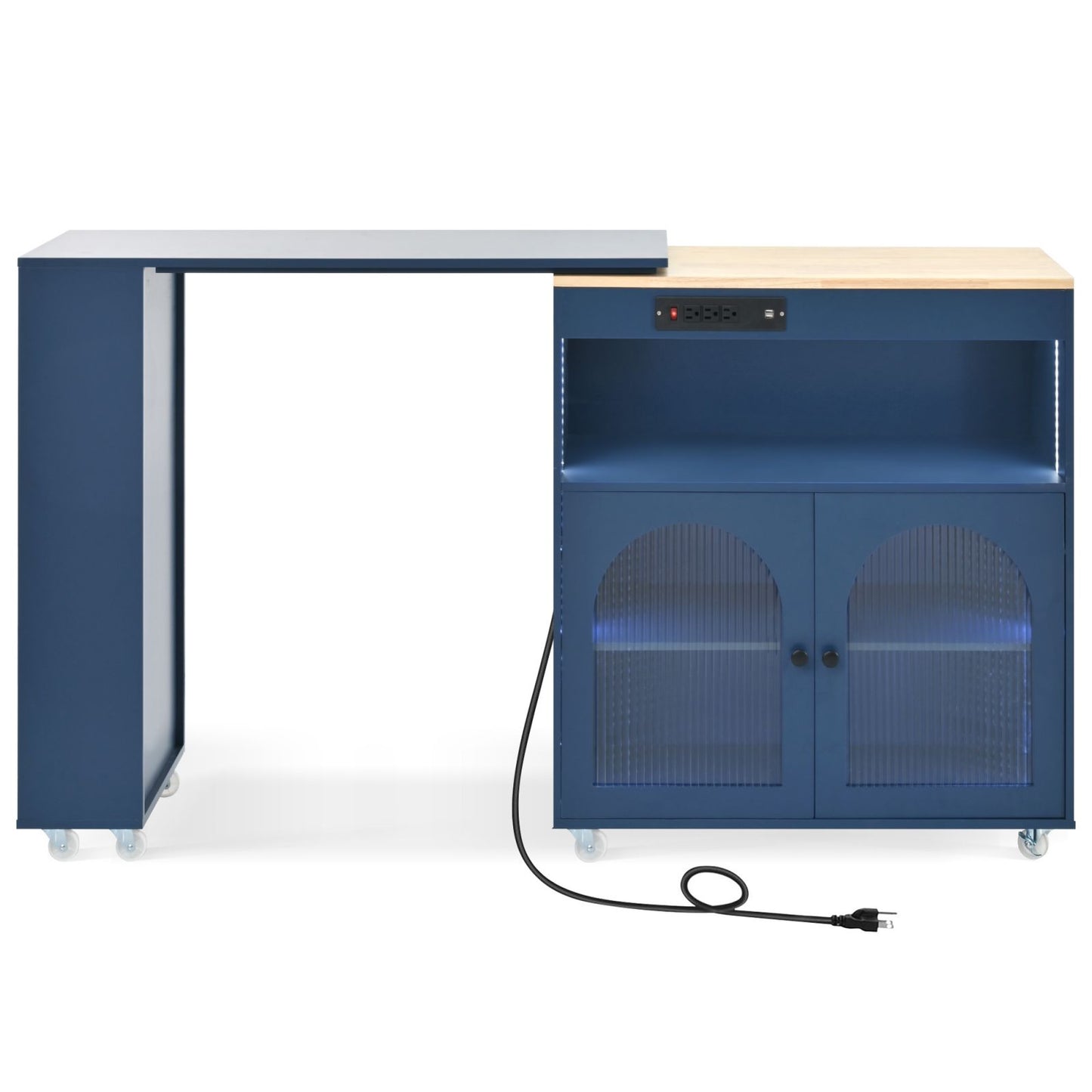 Melysen Rolling Kitchen Island With Extended Table, Kitchen Island on Wheels with LED Lights,Power Outlets and 2 Fluted Glass Doors, Kitchen Island with a Storage Compartment and Side 3 Open Shelves, Navy