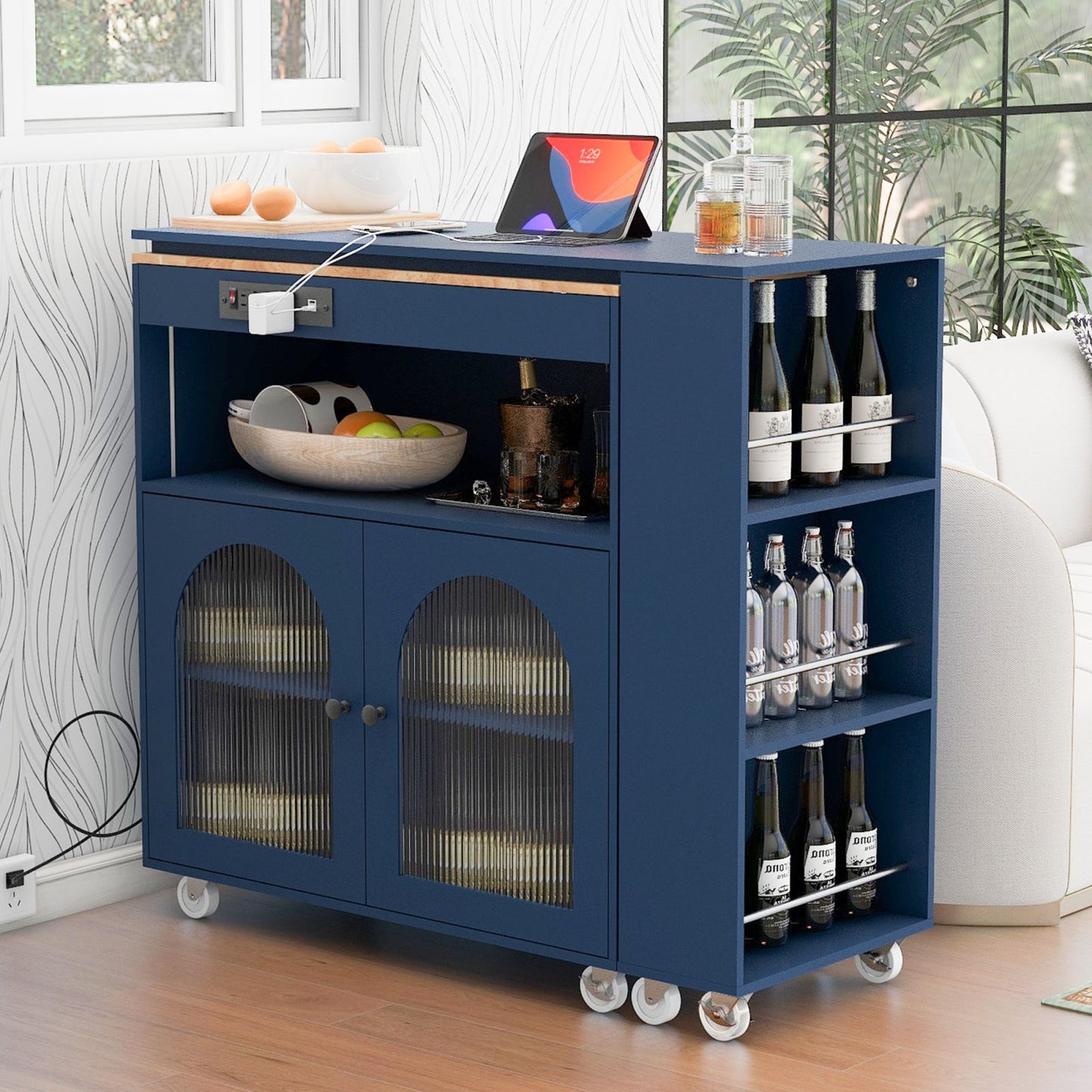 Melysen Rolling Kitchen Island With Extended Table, Kitchen Island on Wheels with LED Lights,Power Outlets and 2 Fluted Glass Doors, Kitchen Island with a Storage Compartment and Side 3 Open Shelves, Navy