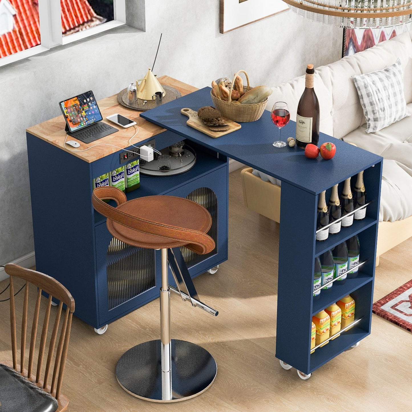 Melysen Rolling Kitchen Island With Extended Table, Kitchen Island on Wheels with LED Lights,Power Outlets and 2 Fluted Glass Doors, Kitchen Island with a Storage Compartment and Side 3 Open Shelves, Navy