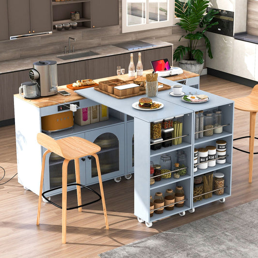 Melysen Rolling Kitchen Island With Extended Table, Kitchen Island on Wheels with LED Lights,Power Outlets and 2 Fluted Glass Doors, Kitchen Island with a Storage Compartment and Side 3 Open Shelves, Grey