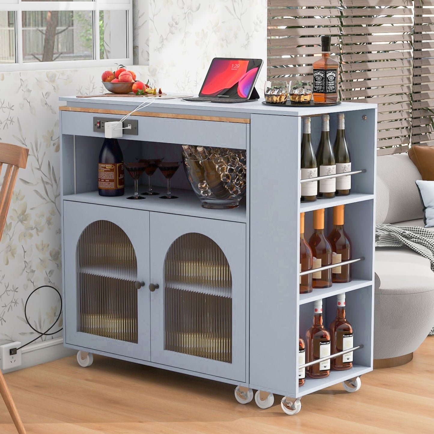 Melysen Rolling Kitchen Island With Extended Table, Kitchen Island on Wheels with LED Lights,Power Outlets and 2 Fluted Glass Doors, Kitchen Island with a Storage Compartment and Side 3 Open Shelves, Grey