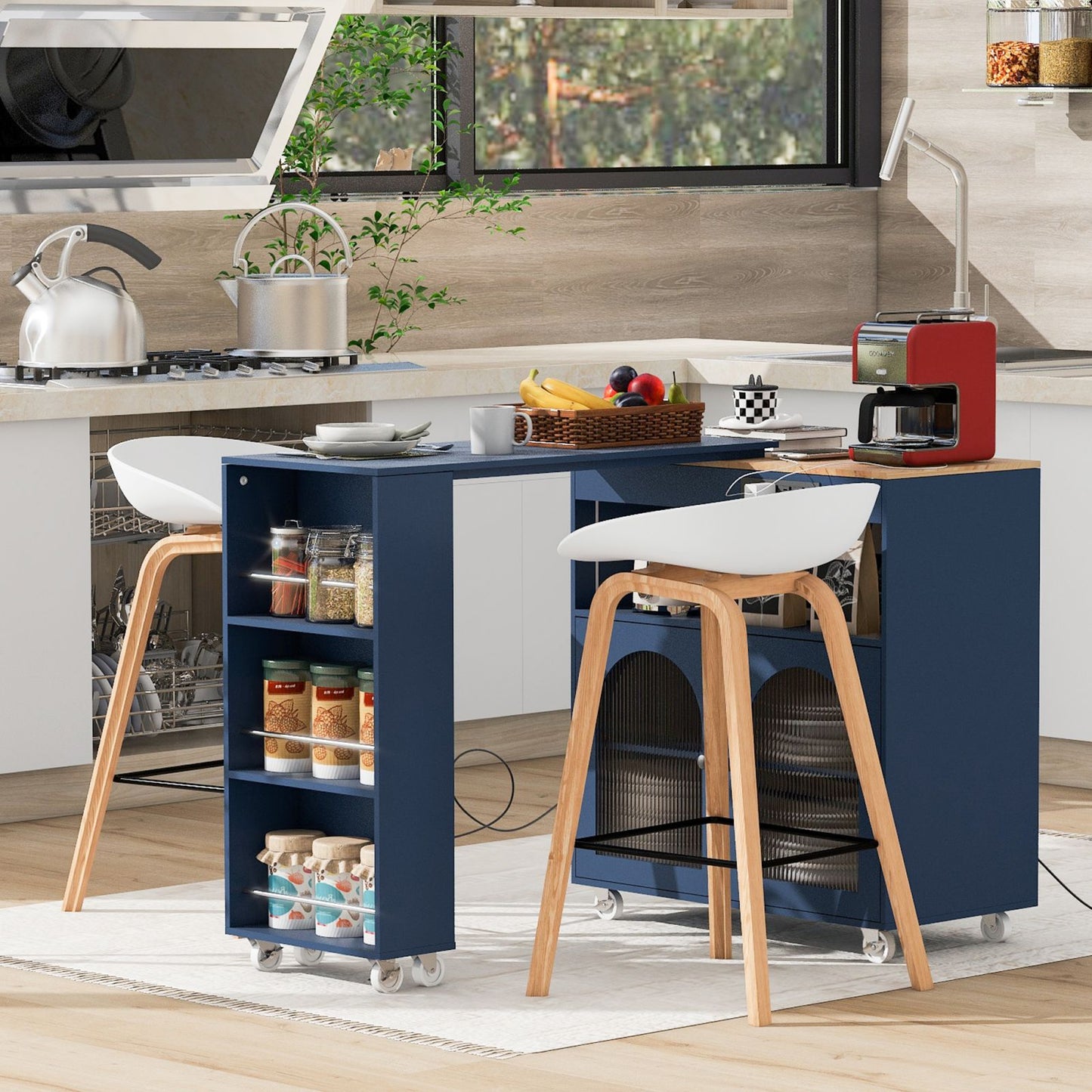 Melysen Rolling Kitchen Island With Extended Table, Kitchen Island on Wheels with LED Lights,Power Outlets and 2 Fluted Glass Doors, Kitchen Island with a Storage Compartment and Side 3 Open Shelves, Navy