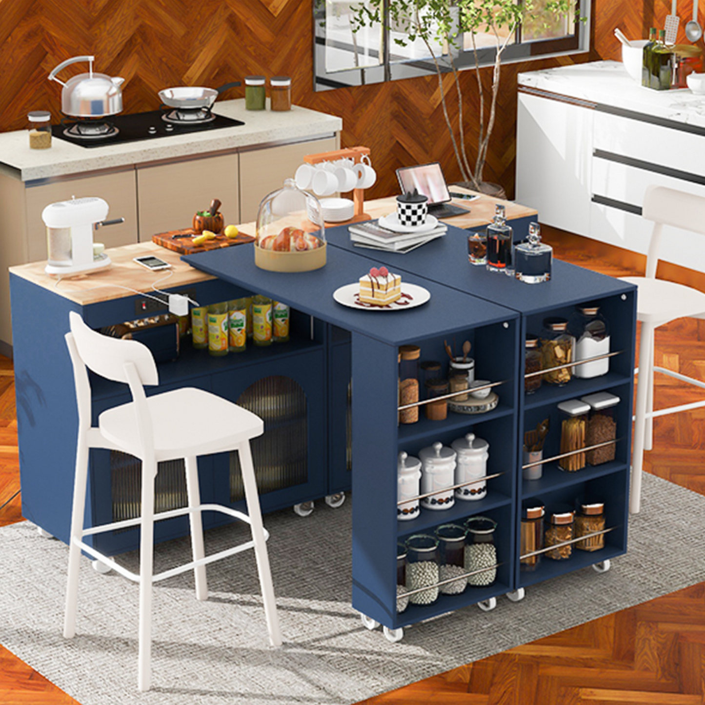 Melysen Rolling Kitchen Island With Extended Table, Kitchen Island on Wheels with LED Lights,Power Outlets and 2 Fluted Glass Doors, Kitchen Island with a Storage Compartment and Side 3 Open Shelves, Navy