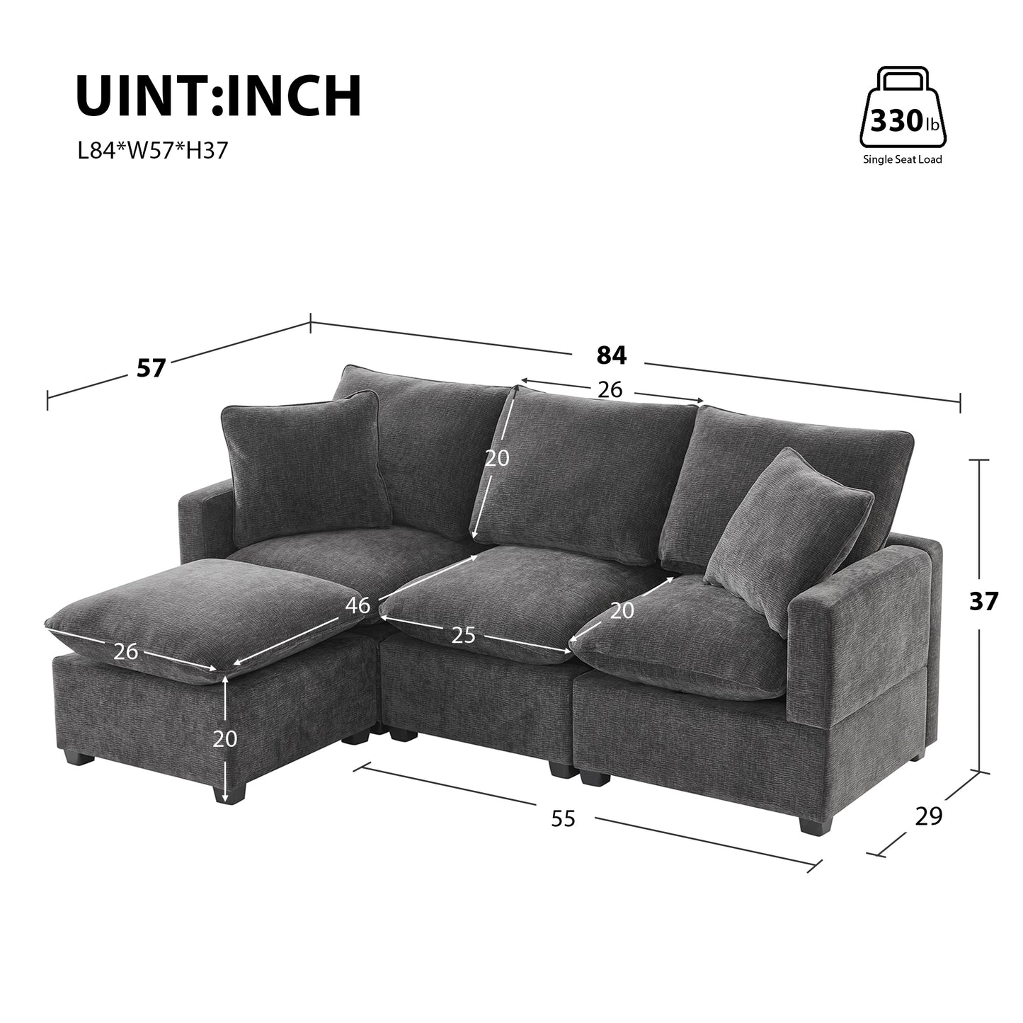 Melysen 84*57" Modern Modular Sofa , 4 Seat Chenille Sectional Couch Set with 2 Pillows Included ,Black+Grey