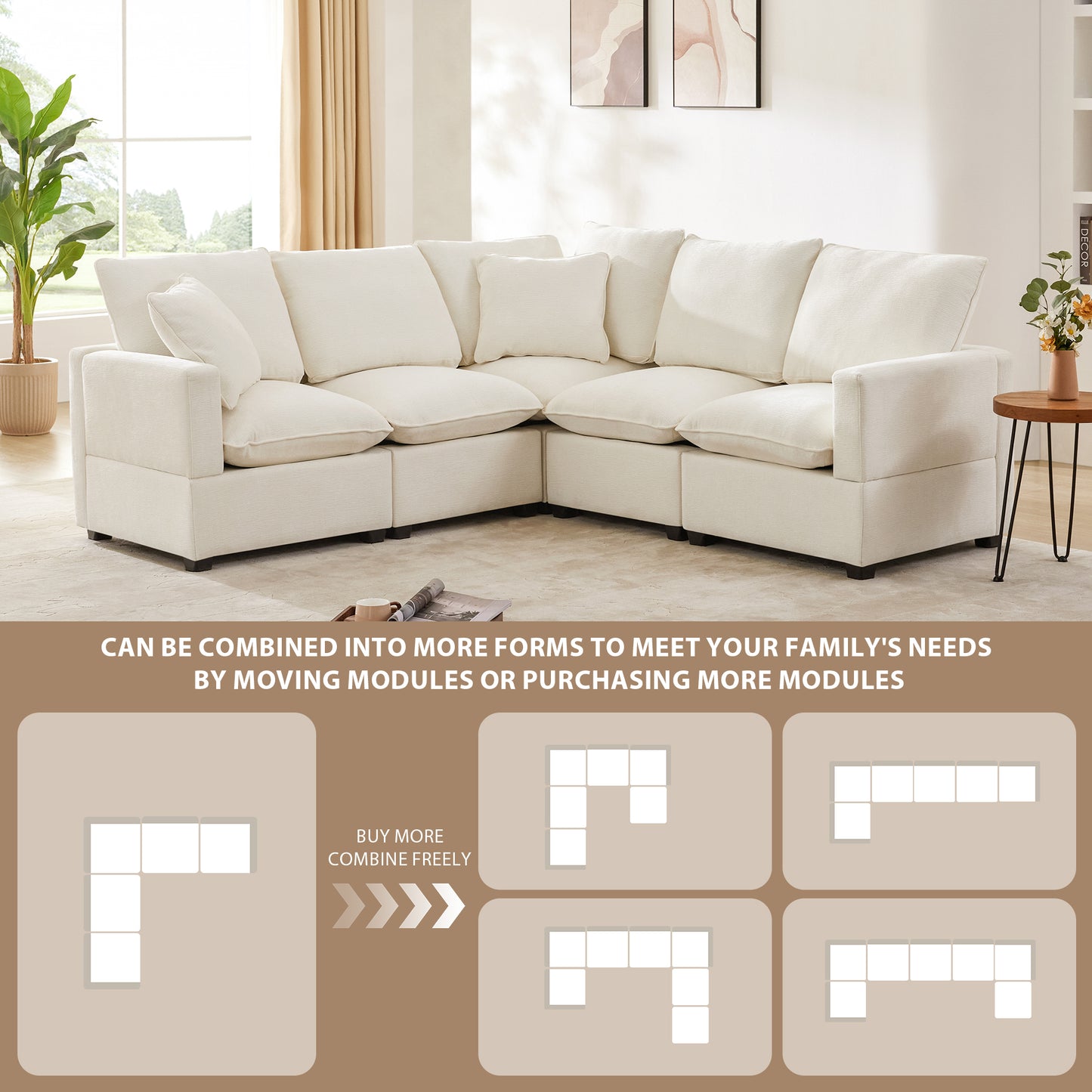 Melysen 84*84" Modern L Shape Modular Sofa , 5 Seat Chenille Sectional Couch Set with 2 Pillows Included ,White