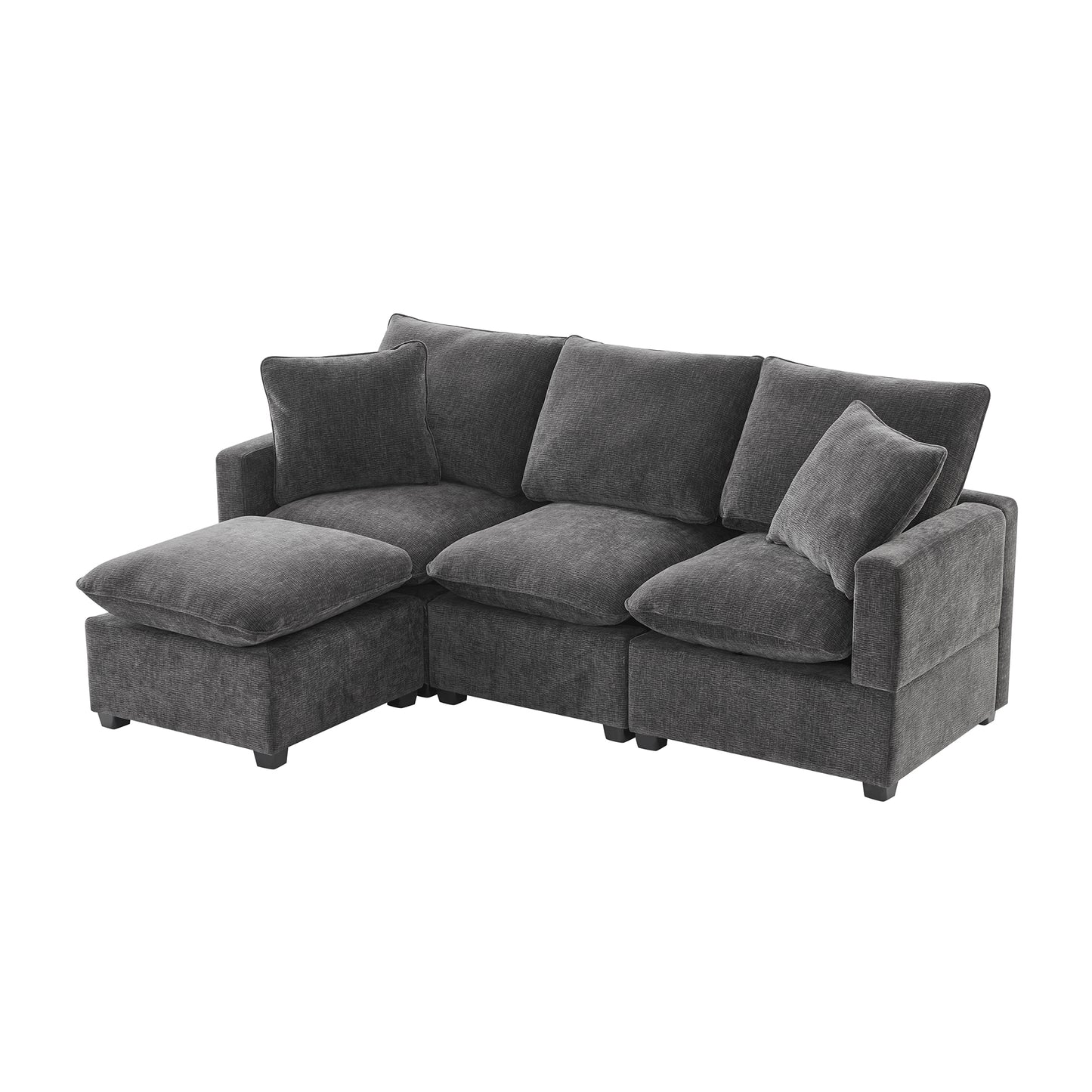 Melysen 84*57" Modern Modular Sofa , 4 Seat Chenille Sectional Couch Set with 2 Pillows Included ,Black+Grey