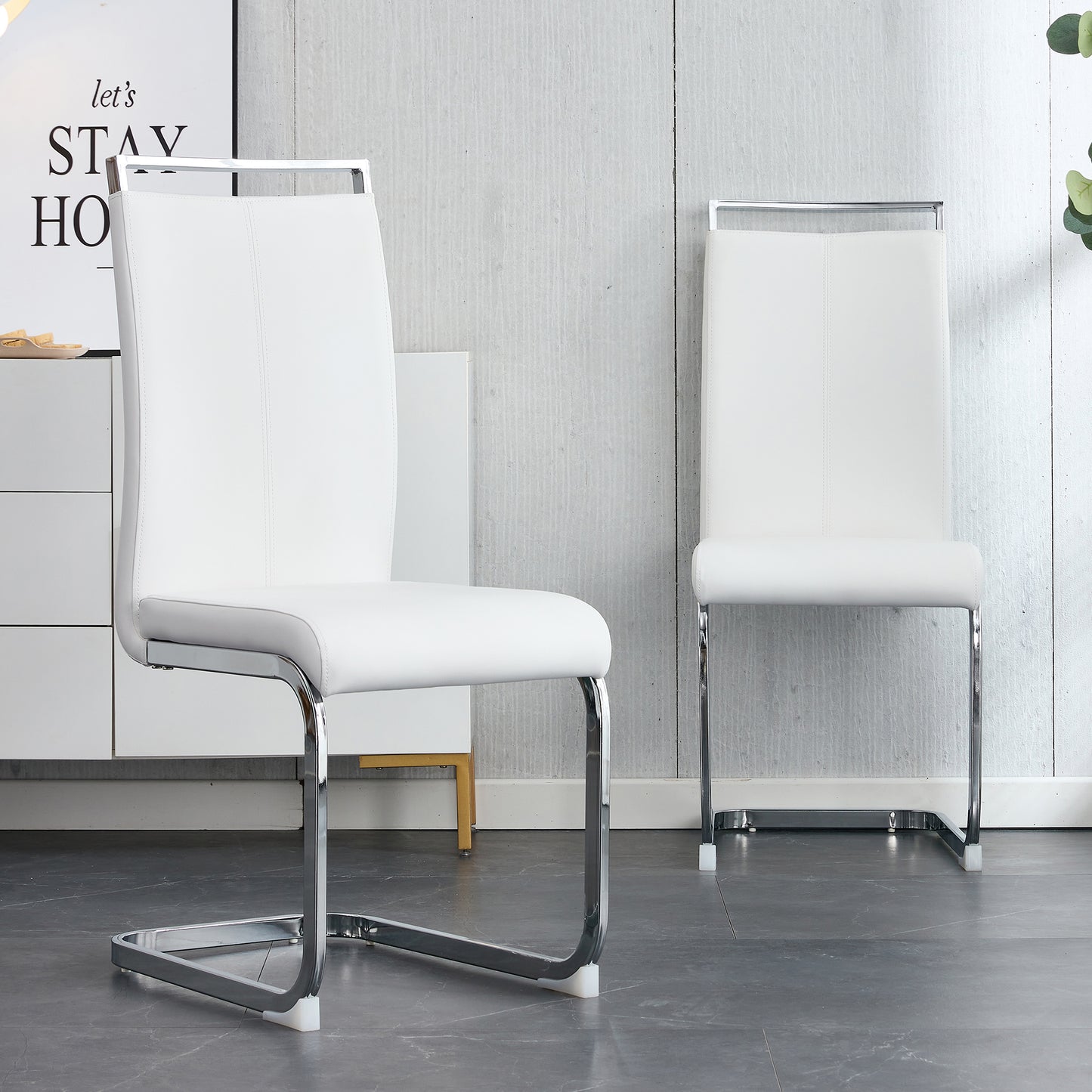 Melysen A Simple Dining Table. A Dining Table with A White Marble Pattern. 6 Pu Synthetic Leather High Backrest Cushioned Side Chairs with C-Shaped Silver Metal Legs