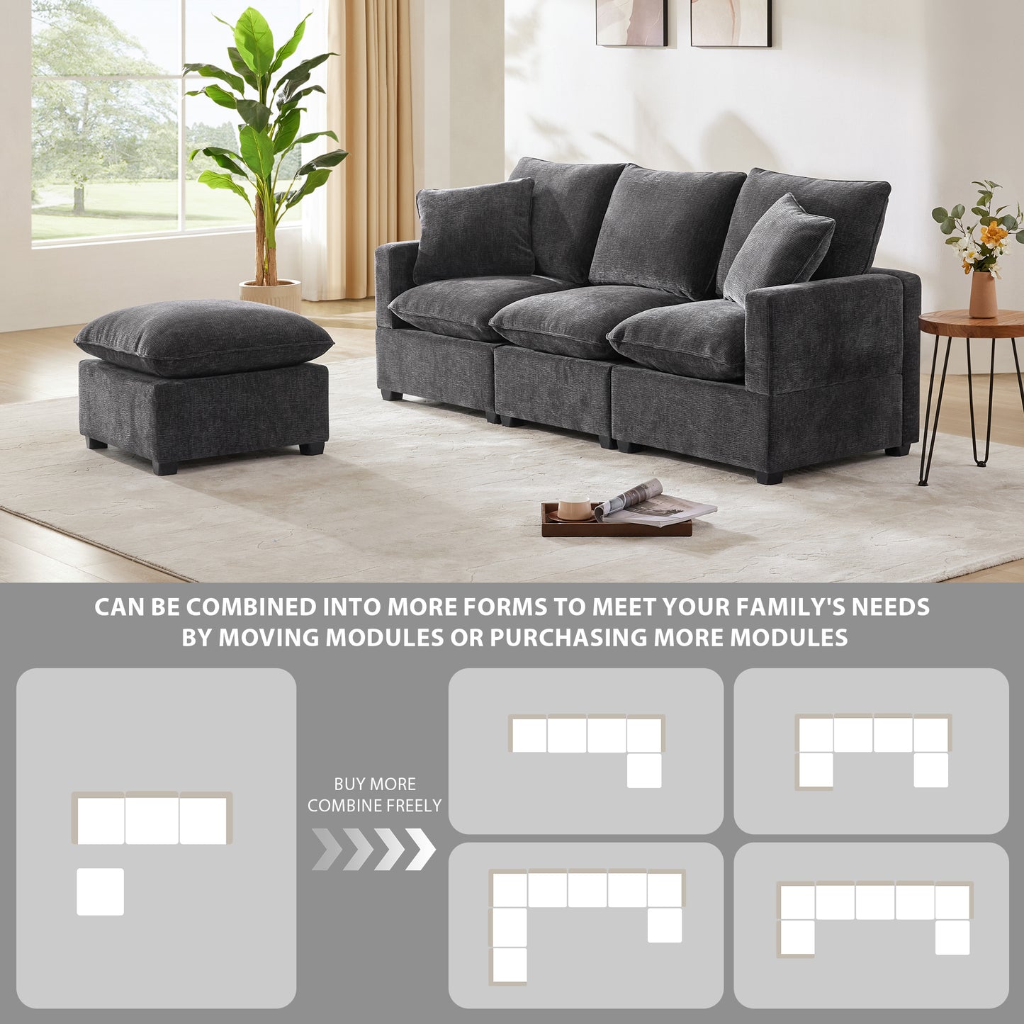 Melysen 84*57" Modern Modular Sofa , 4 Seat Chenille Sectional Couch Set with 2 Pillows Included ,Black+Grey