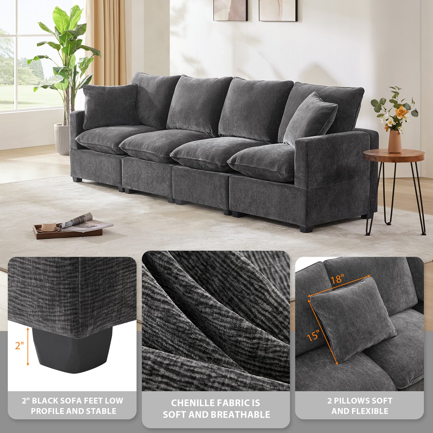 Melysen 110*29" Modern Modular Sofa , 4 Seat Chenille Sectional Couch Set with 2 Pillows Included , Freely Combinable Indoor Funiture ,Black+Grey