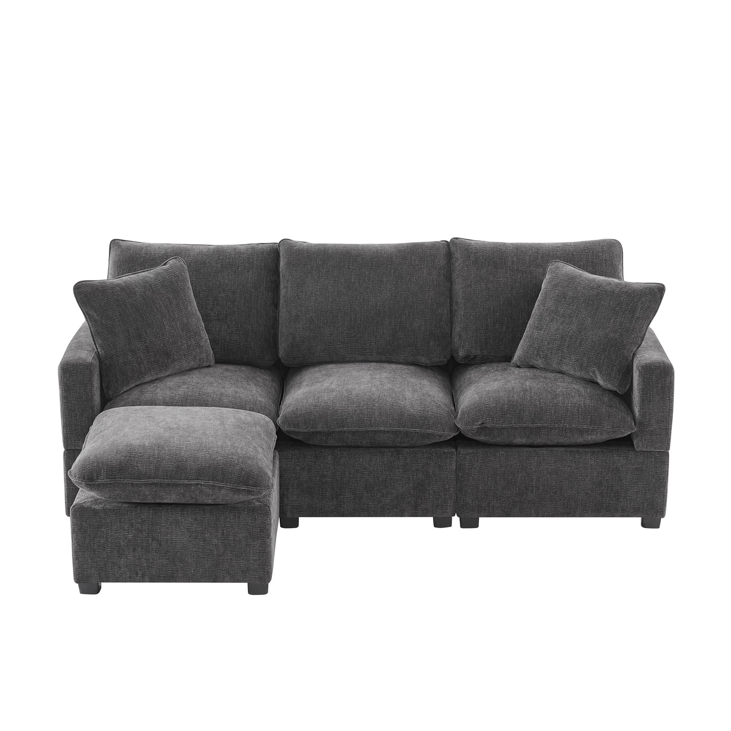 Melysen 84*57" Modern Modular Sofa , 4 Seat Chenille Sectional Couch Set with 2 Pillows Included ,Black+Grey