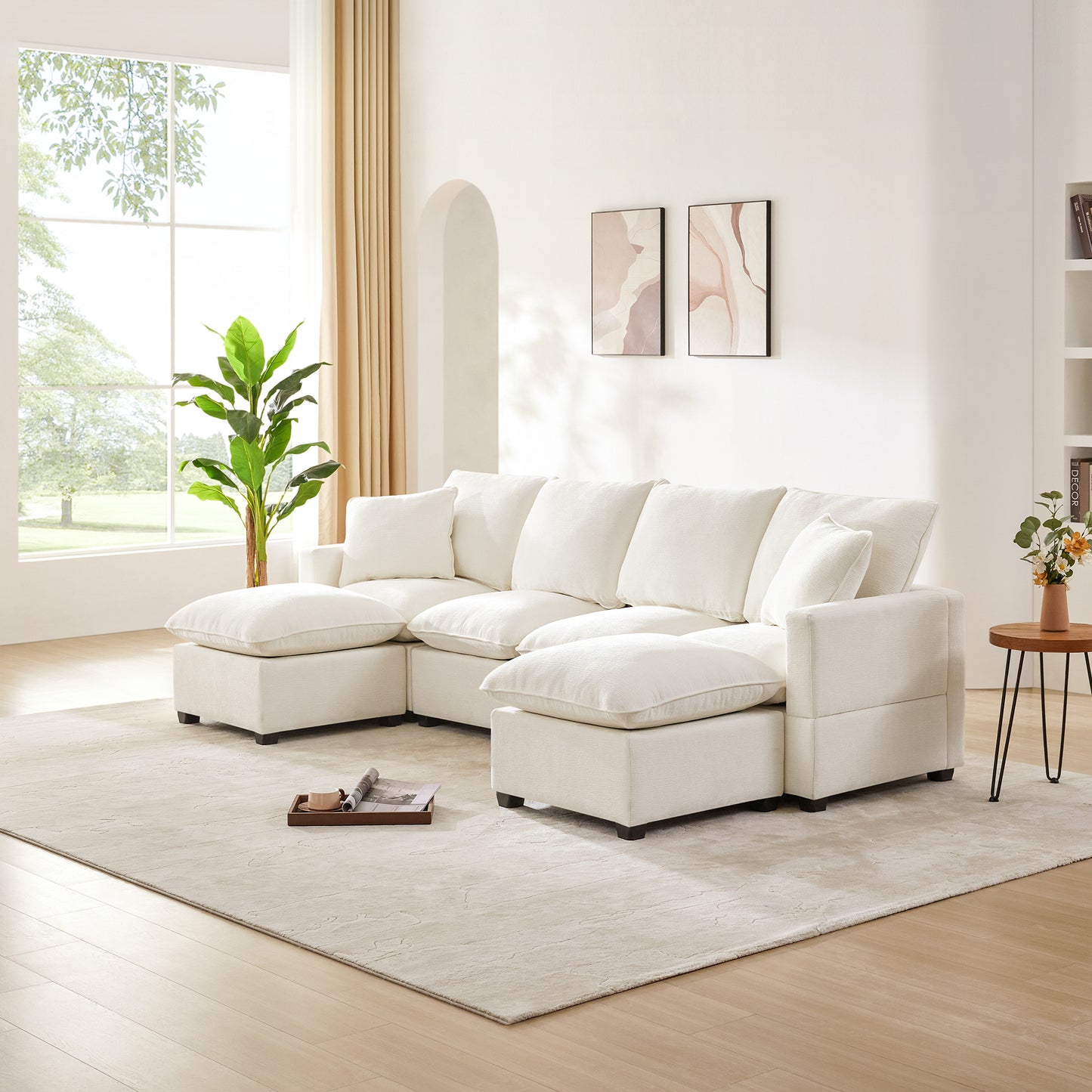 Melysen 110*57" Modern U Shape Modular Sofa , 6 Seat Chenille Sectional Couch Set with 2 Pillows Included ,White