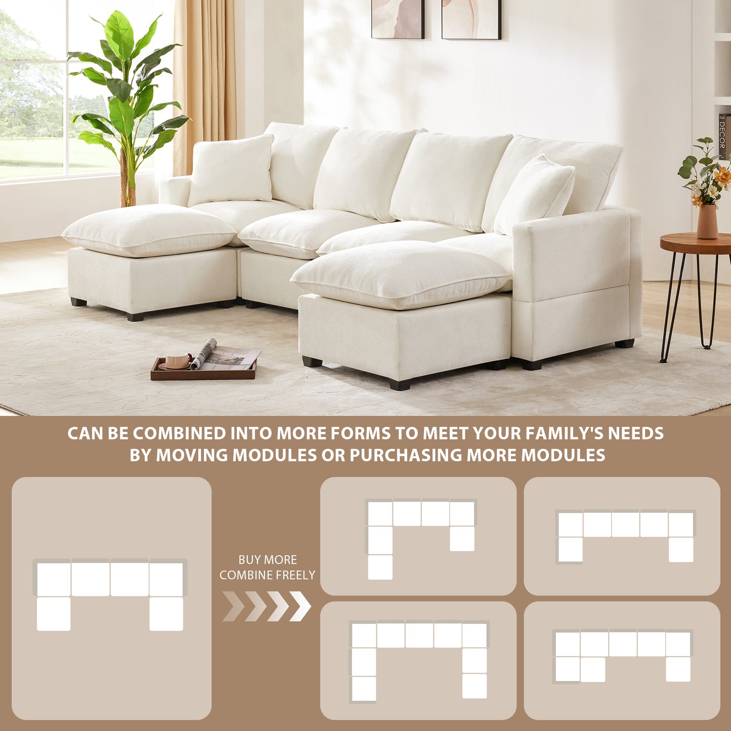 Melysen 110*57" Modern U Shape Modular Sofa , 6 Seat Chenille Sectional Couch Set with 2 Pillows Included ,White