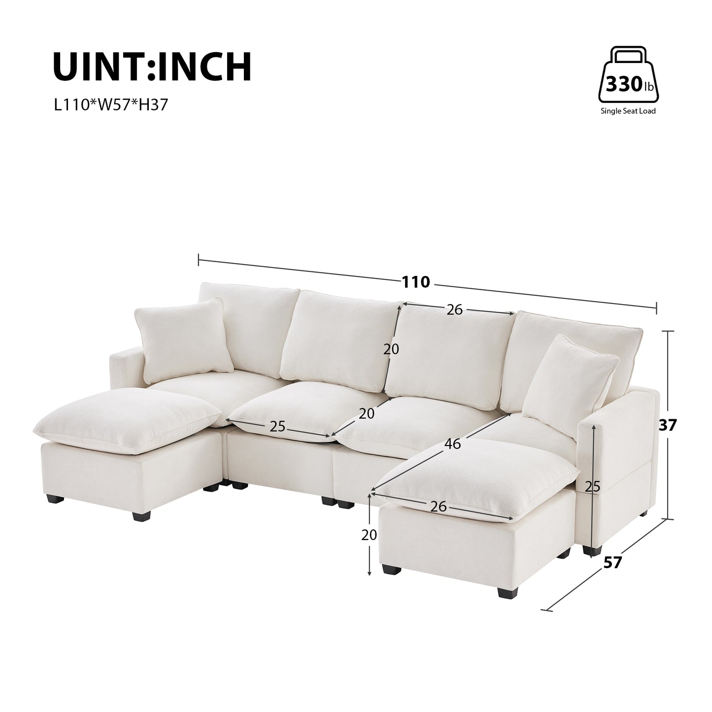 Melysen 110*57" Modern U Shape Modular Sofa , 6 Seat Chenille Sectional Couch Set with 2 Pillows Included ,White