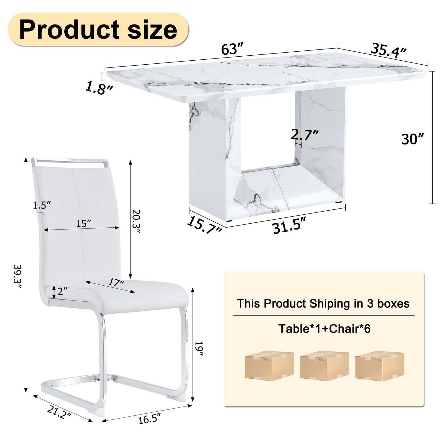 Melysen A Simple Dining Table. A Dining Table with A White Marble Pattern. 6 Pu Synthetic Leather High Backrest Cushioned Side Chairs with C-Shaped Silver Metal Legs