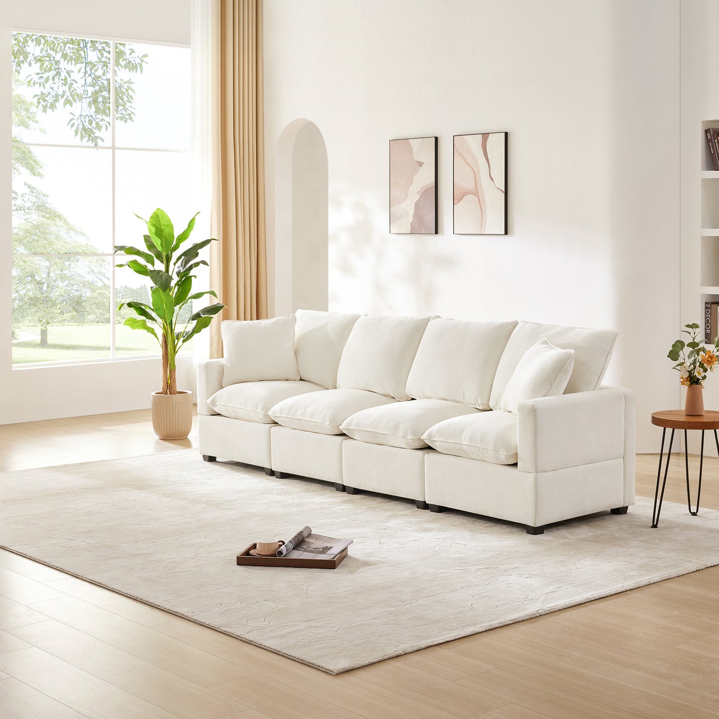 Melysen 110*29" Modern Modular Sofa , 4 Seat Chenille Sectional Couch Set with 2 Pillows Included , Freely Combinable Indoor Funiture ,White