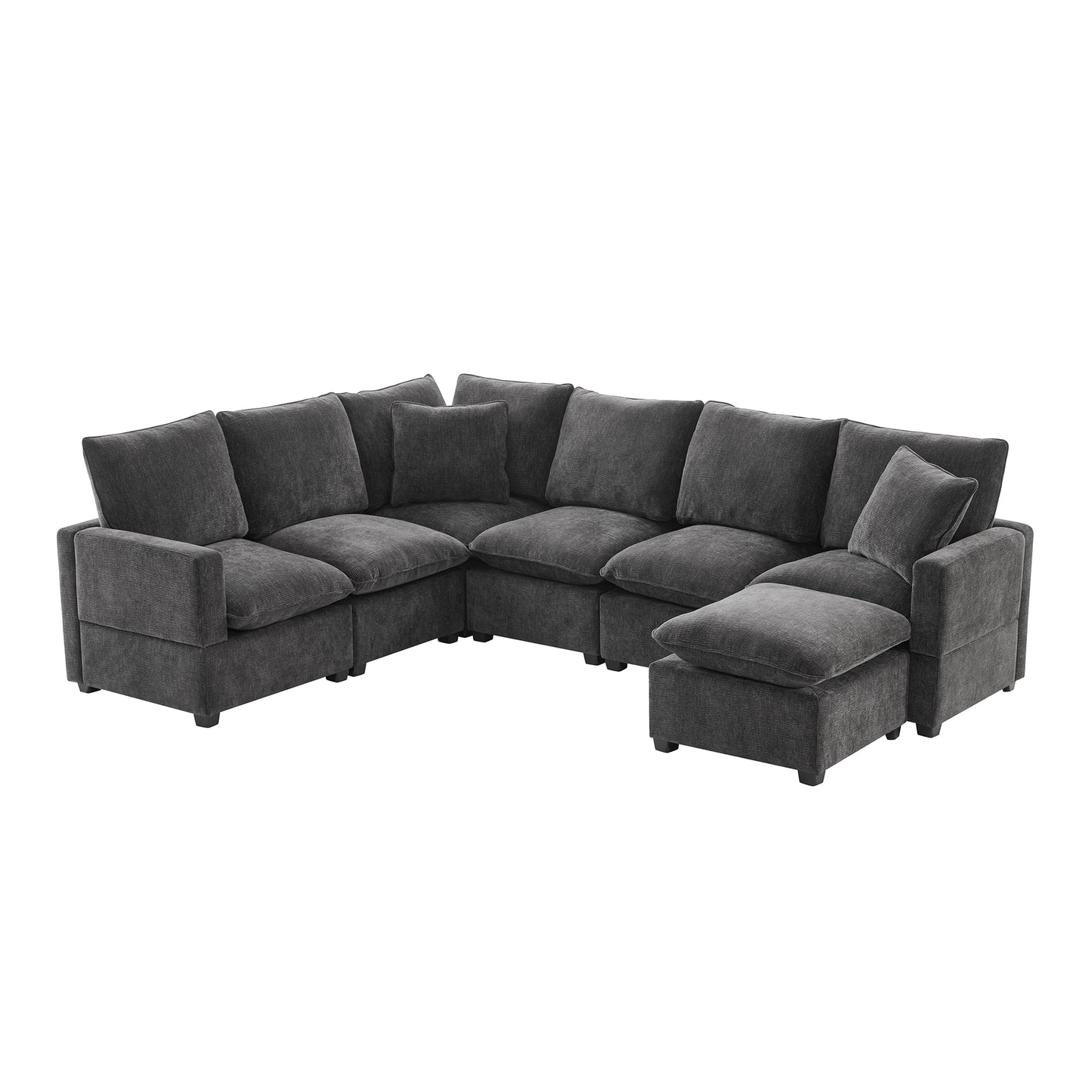 Melysen 110*84" Modern U Shape Modular Sofa , 7 Seat Chenille Sectional Couch Set with 2 Pillows Included ,Black+Grey