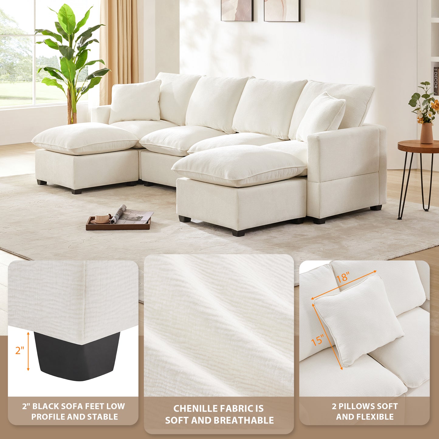 Melysen 110*57" Modern U Shape Modular Sofa , 6 Seat Chenille Sectional Couch Set with 2 Pillows Included ,White