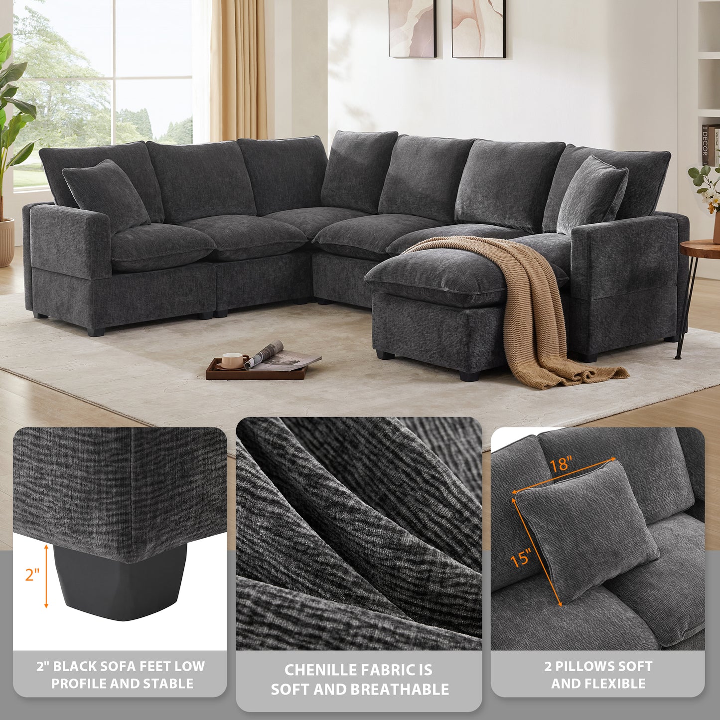 Melysen 110*84" Modern U Shape Modular Sofa , 7 Seat Chenille Sectional Couch Set with 2 Pillows Included ,Black+Grey