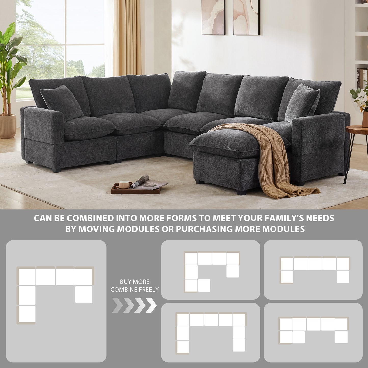 Melysen 110*84" Modern U Shape Modular Sofa , 7 Seat Chenille Sectional Couch Set with 2 Pillows Included ,Black+Grey