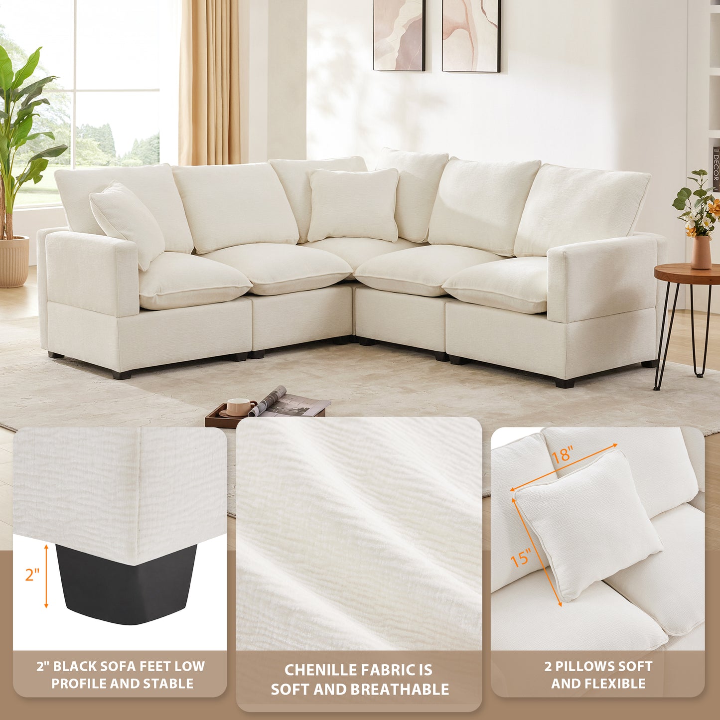 Melysen 84*84" Modern L Shape Modular Sofa , 5 Seat Chenille Sectional Couch Set with 2 Pillows Included ,White