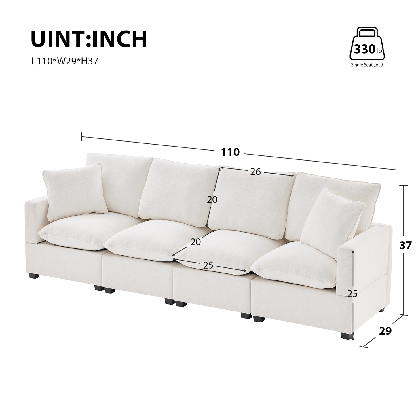 Melysen 110*29" Modern Modular Sofa , 4 Seat Chenille Sectional Couch Set with 2 Pillows Included , Freely Combinable Indoor Funiture ,White