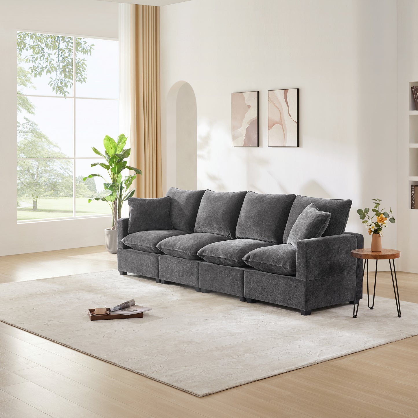 Melysen 110*29" Modern Modular Sofa , 4 Seat Chenille Sectional Couch Set with 2 Pillows Included , Freely Combinable Indoor Funiture ,Black+Grey