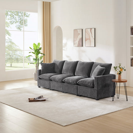 Melysen 110*29" Modern Modular Sofa , 4 Seat Chenille Sectional Couch Set with 2 Pillows Included , Freely Combinable Indoor Funiture ,Black+Grey