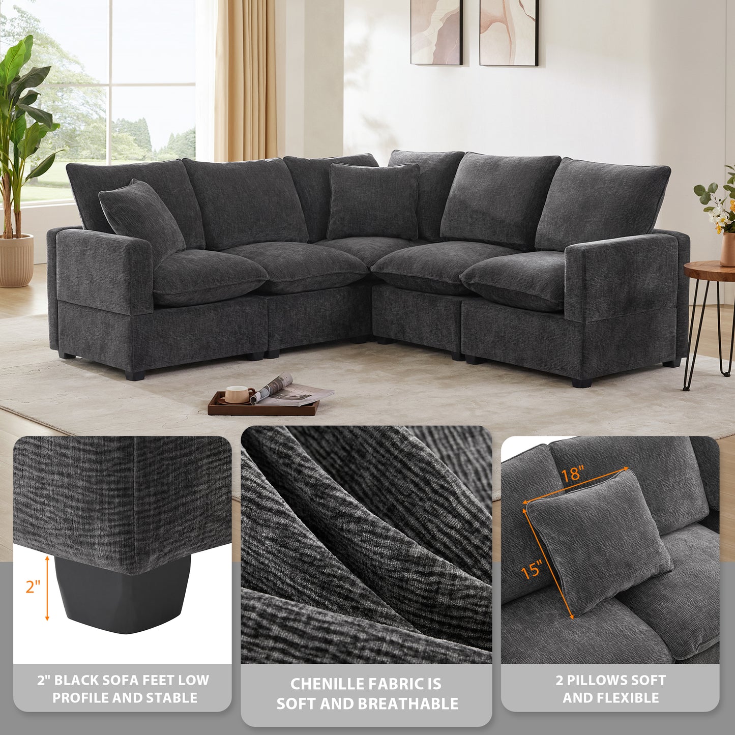 Melysen 84*84" Modern L Shape Modular Sofa , 5 Seat Chenille Sectional Couch Set with 2 Pillows Included ,Black+Grey