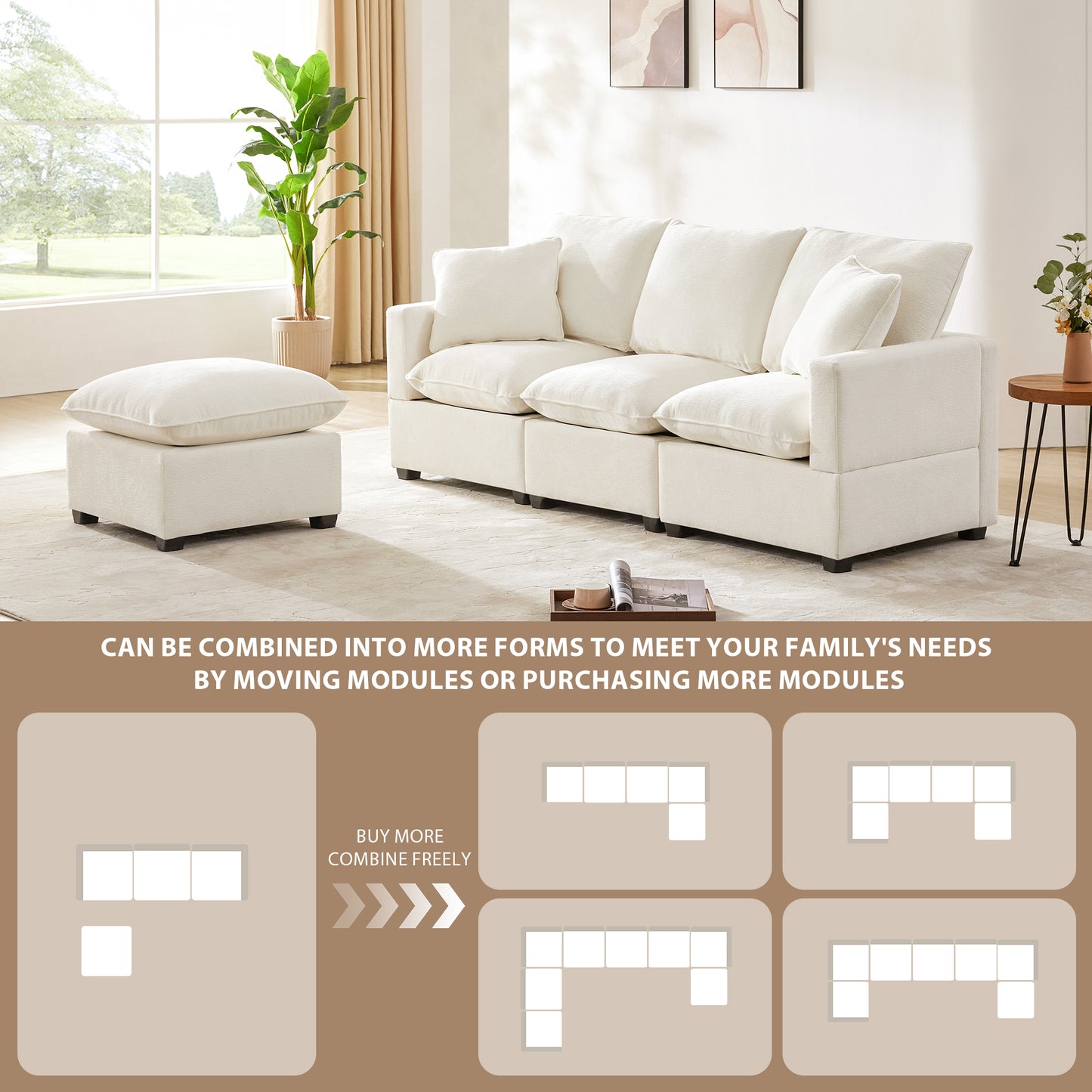 Melysen 84*57" Modern Modular Sofa , 4 Seat Chenille Sectional Couch Set with 2 Pillows Included ,White