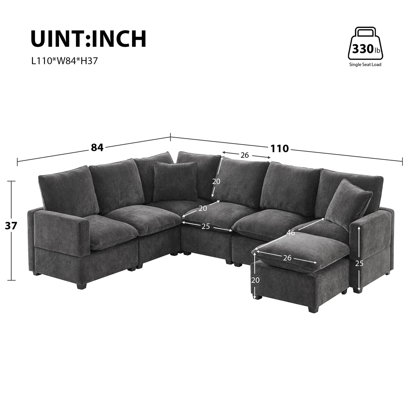 Melysen 110*84" Modern U Shape Modular Sofa , 7 Seat Chenille Sectional Couch Set with 2 Pillows Included ,Black+Grey