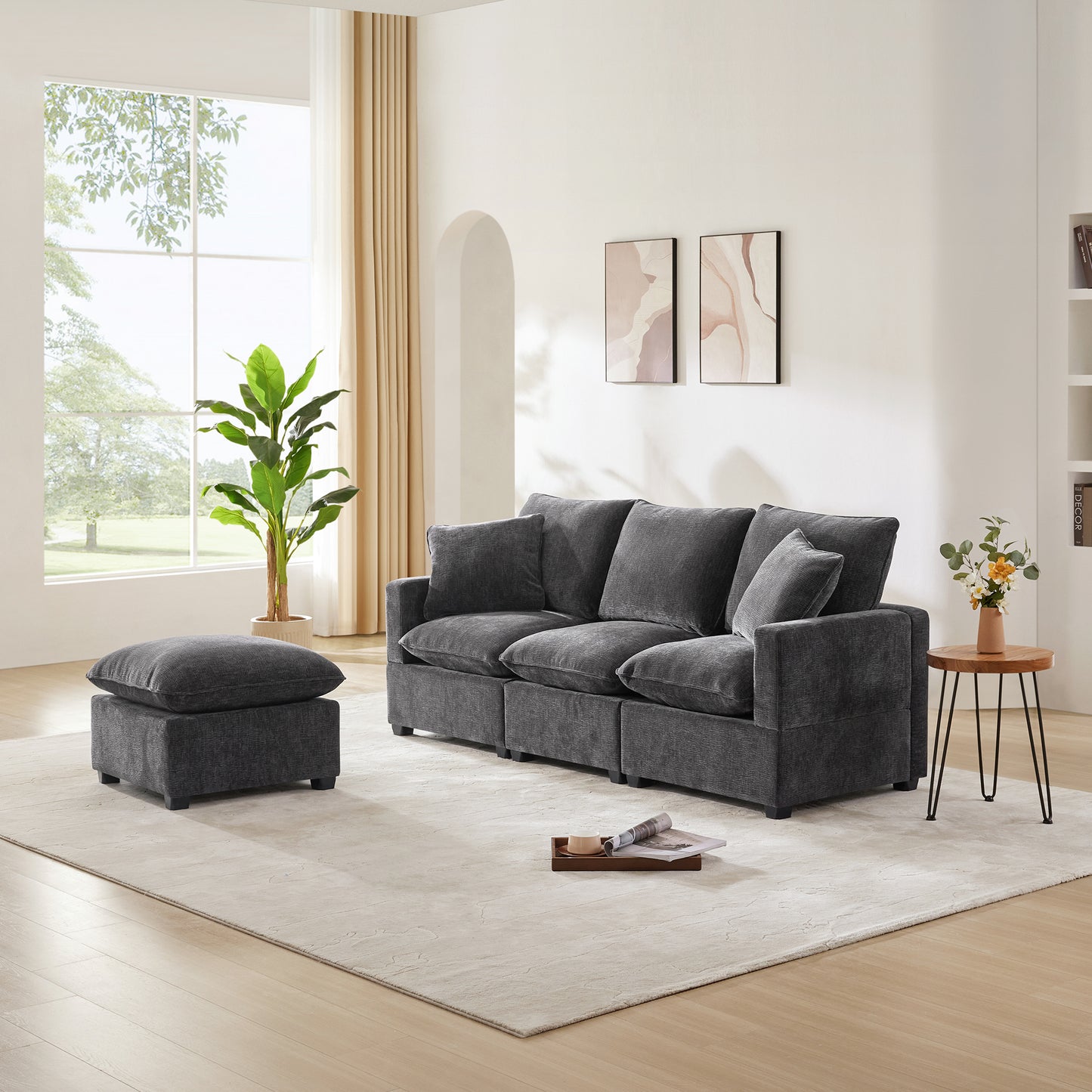 Melysen 84*57" Modern Modular Sofa , 4 Seat Chenille Sectional Couch Set with 2 Pillows Included ,Black+Grey