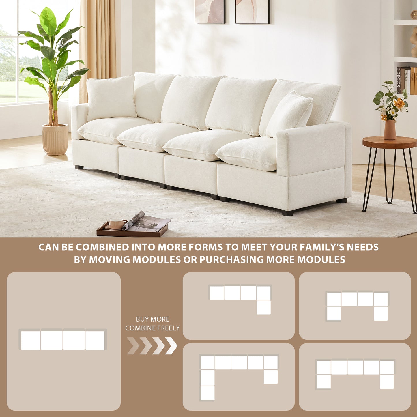 Melysen 110*29" Modern Modular Sofa , 4 Seat Chenille Sectional Couch Set with 2 Pillows Included , Freely Combinable Indoor Funiture ,White